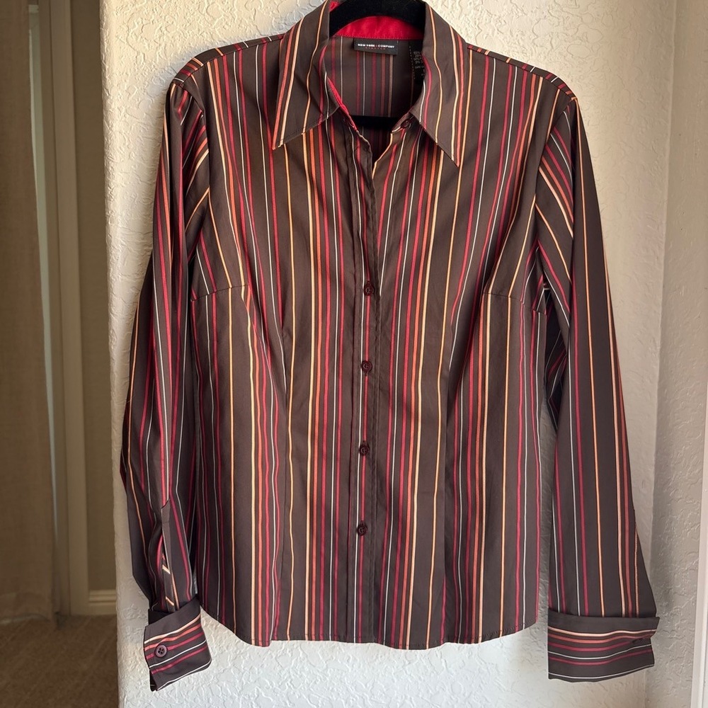 Vintage New York & Company 90s Women M Shirt Brown Collar Striped Button Long